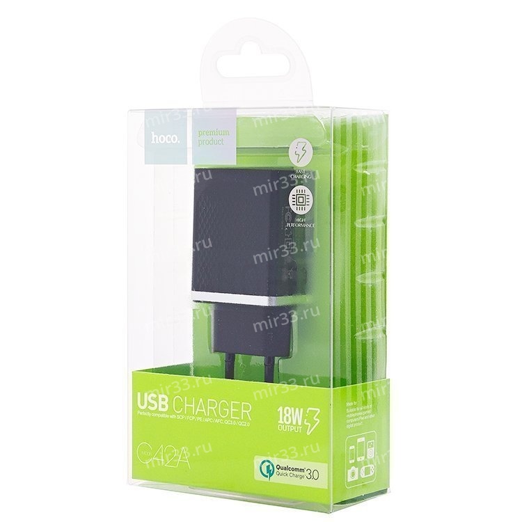 Блок питания сетевой 1 USB HOCO, C42A, Vast, 2400mAh, пластик, QC3.0, цвет: чёрный