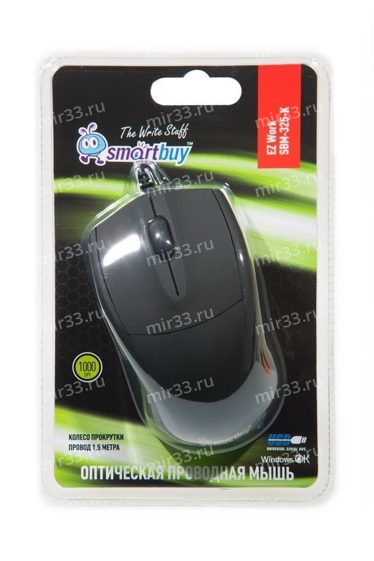 Мышь проводная SmartBuy, 325, 1000 DPI, оптическая, USB, 3 кнопки, цвет: чёрный