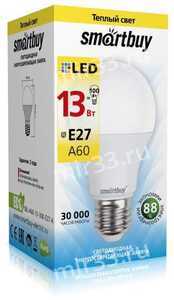 Лампа светодиодная SmartBuy A60, E27, груша, 13Вт/220-240V/3000K