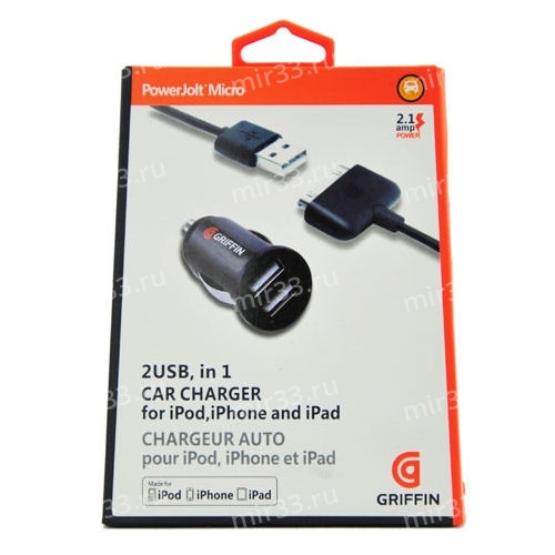 Автомобильное зарядное устройство IPhone 4 - 2USB Griffin  2100 mAh   + шнур