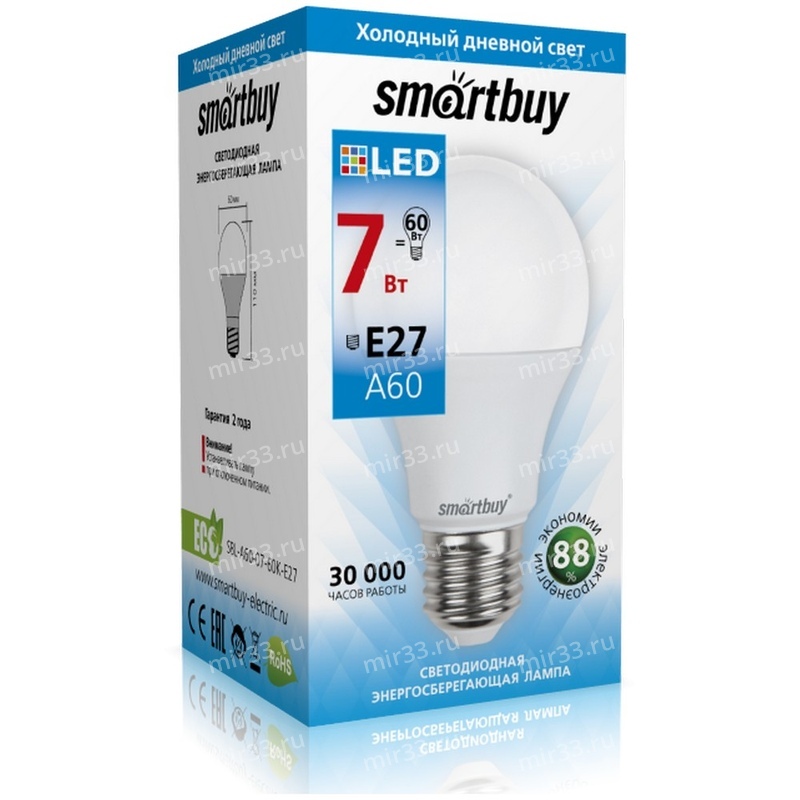 Лампа светодиодная SmartBuy A60, E27, груша, 5Вт/220-240V/3000К