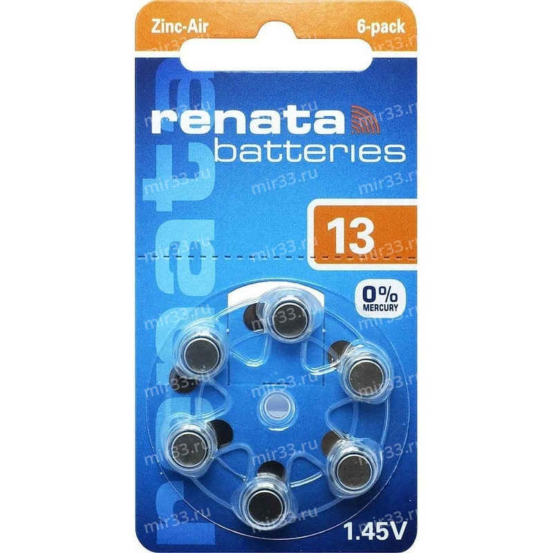 Батарейка Renata ZA13-6BL ZincAir, 1.4В, (6/60/300)