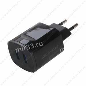 Блок питания сетевой 2 USB Earldom, ET-142, 2400mA, пластик, кабель Type-C, цвет: чёрный