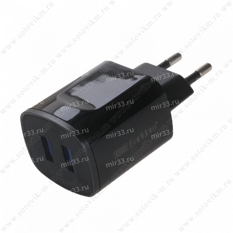 Блок питания сетевой 2 USB Earldom, ET-142, 2400mA, пластик, кабель Type-C, цвет: чёрный