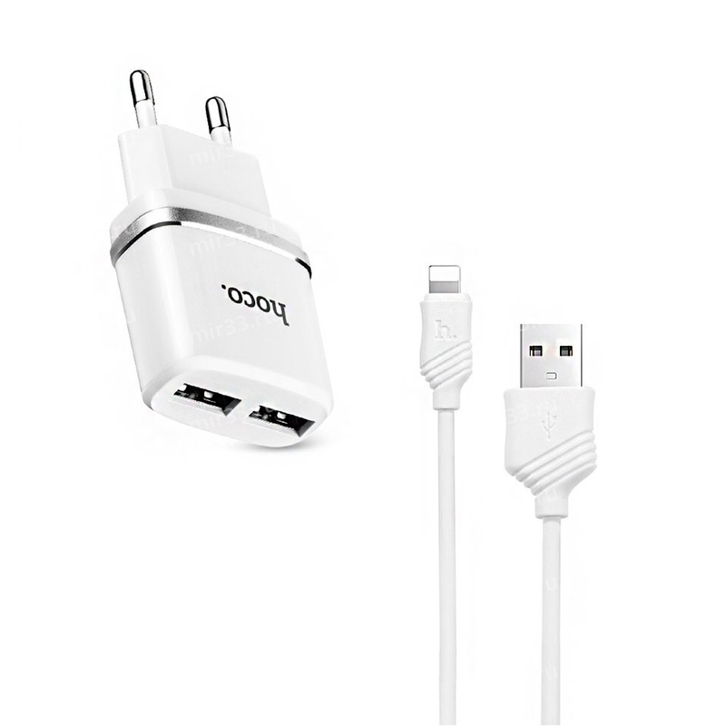 Блок питания сетевой 2 USB HOCO, C12, 2400mA, пластик, кабель 8 pin, цвет: белый
