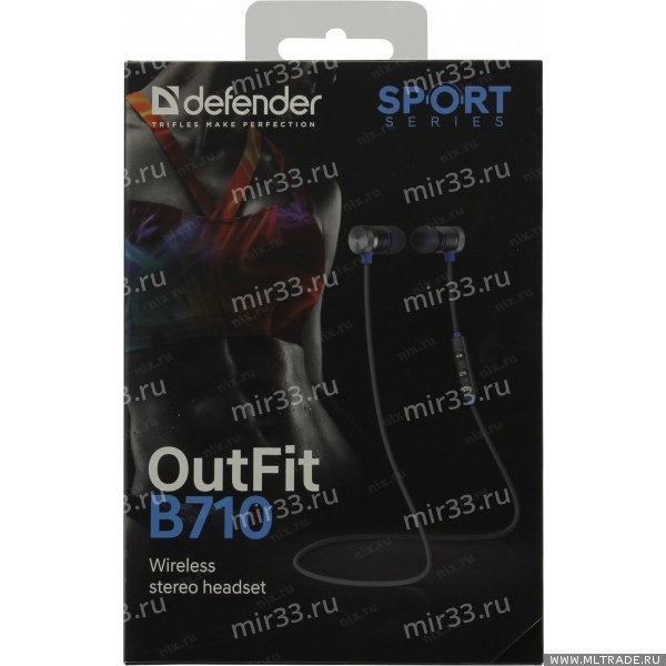 Наушники внутриканальные Defender B710, OutFit, bluetooth, цвет: чёрный, синяя вставка