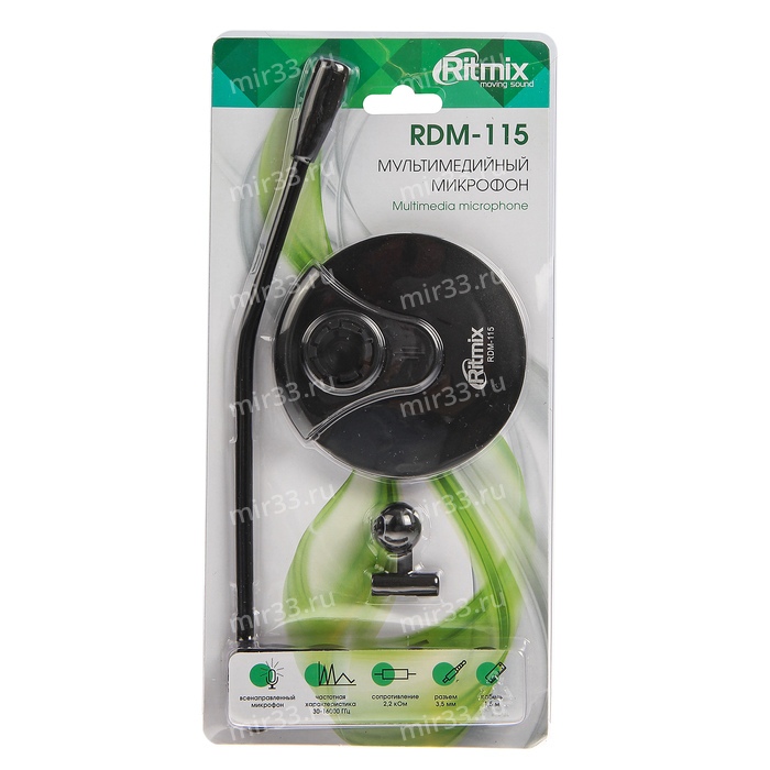 Микрофон конденсаторный, всенаправленный Ritmix, RDM-115, 30-16000Гц, −58 дБ ± 3 дБ, кабель 1.2м, цв