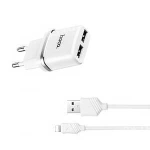 Блок питания сетевой 2 USB HOCO, C12, 2400mA, пластик, кабель Apple 8 pin, цвет: белый