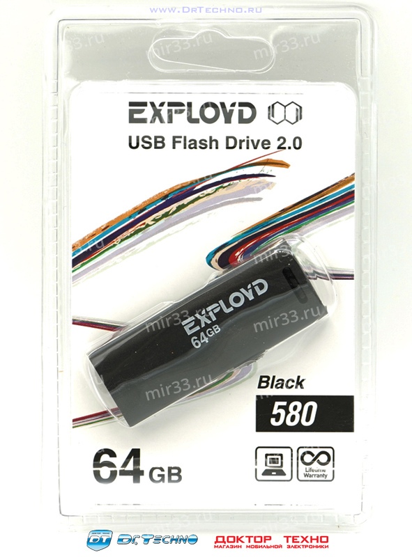 Флеш-накопитель 64Gb Exployd 580, USB 2.0, пластик, чёрный