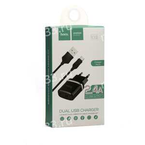 Блок питания сетевой 2 USB HOCO, C12, 2400mA, пластик, кабель микро USB, цвет: чёрный