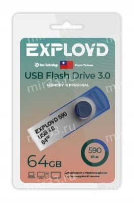 Флеш-накопитель 64Gb Exployd 590, USB 3.0, пластик, синий