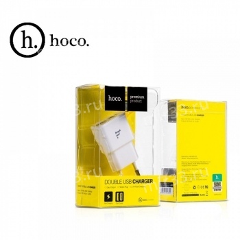 Блок питания сетевой 2 USB HOCO, UH202, 2000mA, пластик, цвет: белый
