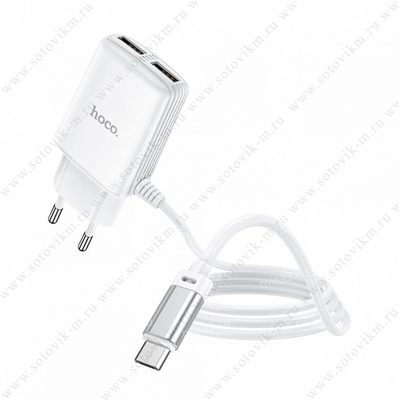 Устройство зарядное сетевое микро USB, 2 USB HOCO, C82A, Real power, 2400mAh, пластик, белое