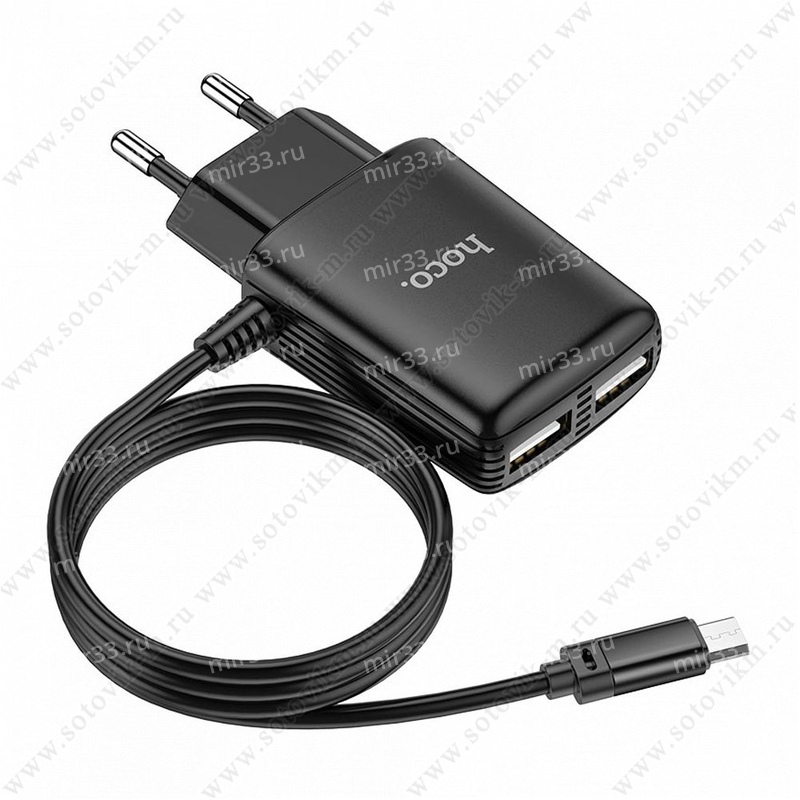 Устройство зарядное сетевое микро USB, 2 USB HOCO, C82A, Real power, 2400mAh, пластик, черное