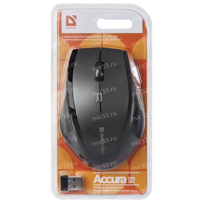 Мышь беспроводная Defender, MM-365, Accura, 1600 DPI, оптическая, USB, 6 кнопок, черная