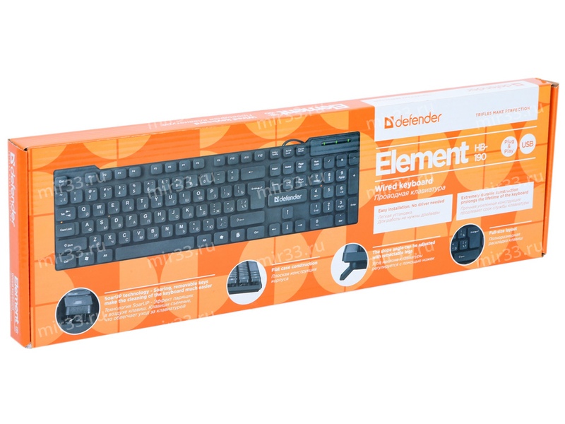 Клавиатура проводная Defender, Element, HB-190, мембранная, 1.5 м, цвет: чёрный
