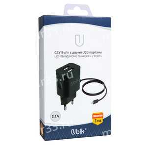 UHS22L Ubik СЗУ Вст.кабель Lightning порт USBx2 Черный 2,1А