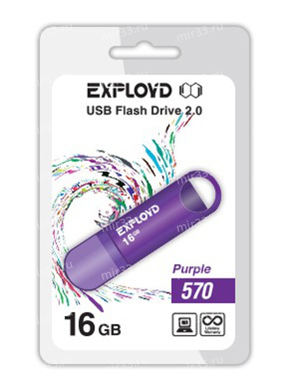 Флеш-накопитель 16Gb Exployd 570, USB 2.0, пластик, пурпурный