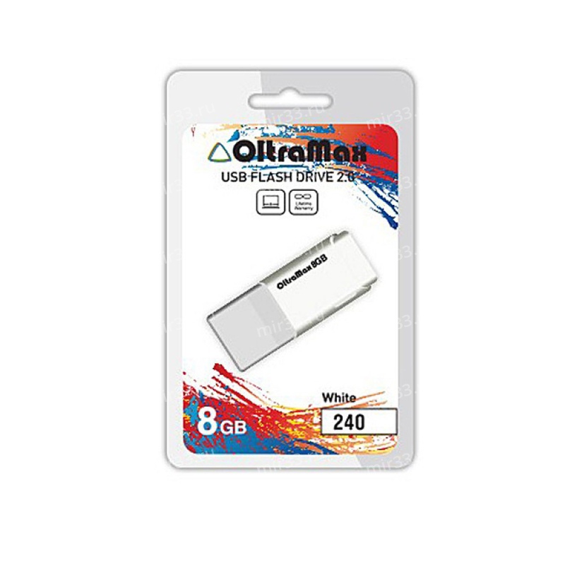 Флеш-накопитель 8Gb OltraMax 240, USB 2.0, пластик, белый
