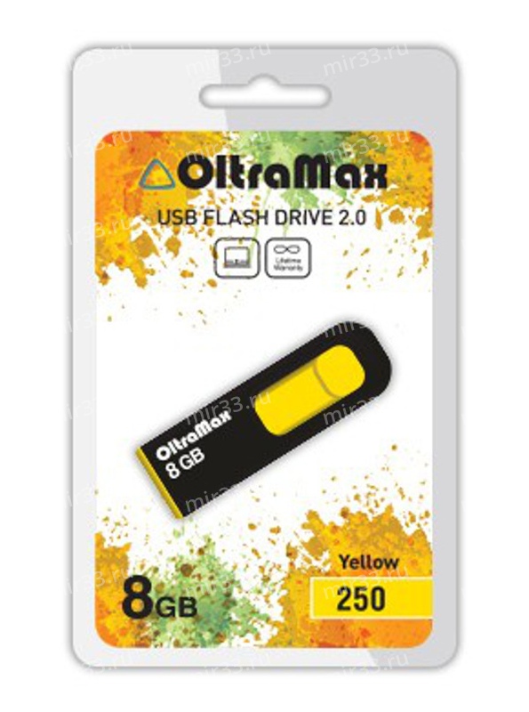 Флеш-накопитель 8Gb OltraMax 250, USB 2.0, пластик, жёлтый