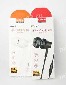 Наушники внутриканальные Union UF-315, микрофон, кабель 1.2м, цвет: белый