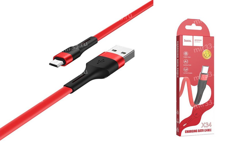 Кабель USB - микро USB HOCO X34 Surpass, 1.0м, плоский, 2.4A, силикон, цвет: красный