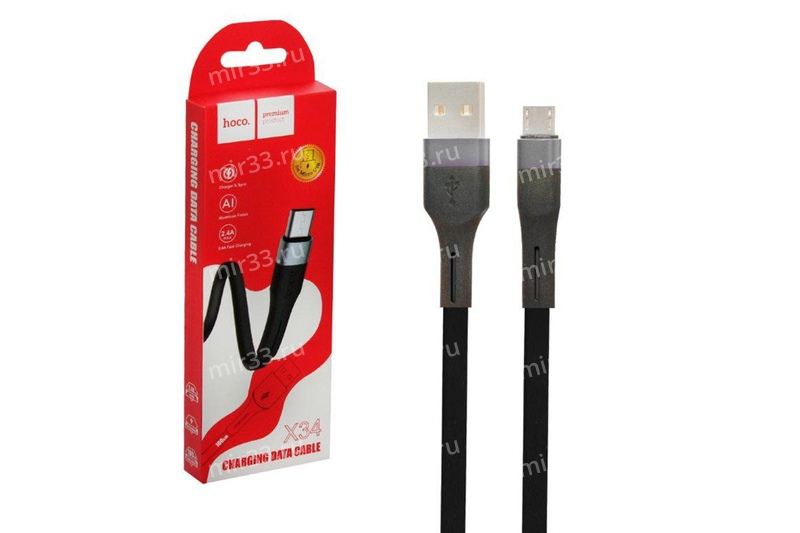 Кабель USB - микро USB HOCO X34 Surpass, 1.0м, плоский, 2.4A, силикон, цвет: чёрный
