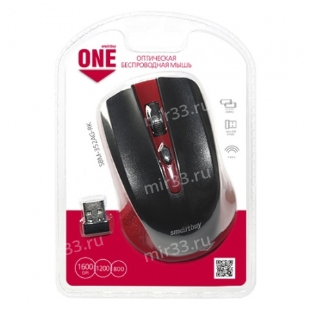 Мышь беспроводная SmartBuy, 352AG, ONE, 1600 DPI, оптическая, USB, цвет: красный, с чёрной вставкой,