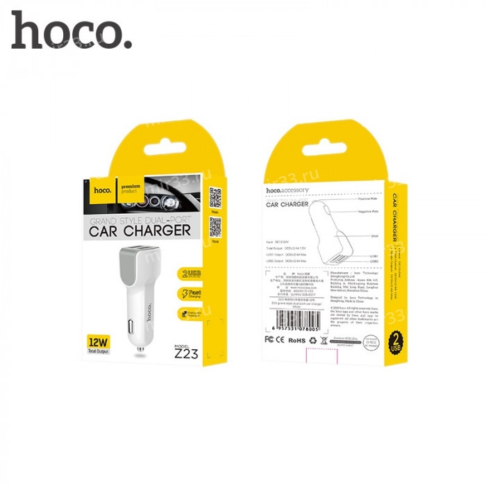 Блок питания автомобильный 2 USB HOCO Z23, Grand Style, 2400mA, 12Вт, цвет: белый