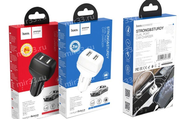 Блок питания автомобильный 2 USB HOCO, Z36, Leader, 2400mA, пластик, огнестойкий, цвет: белый