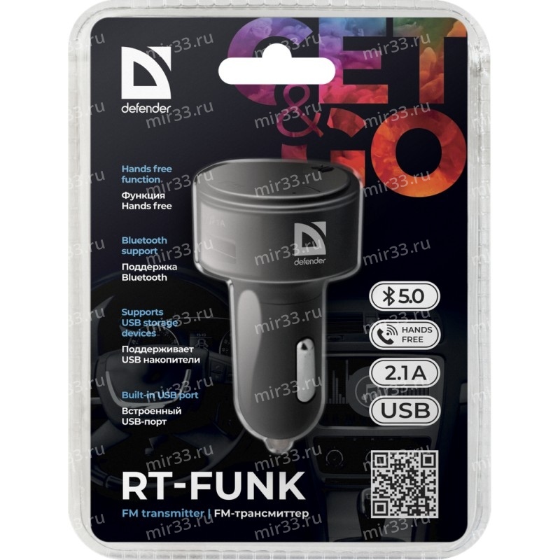 FM-трансмиттер Defender RT-Funk, Bluetooth, 1 USB, пластик, цвет: чёрный