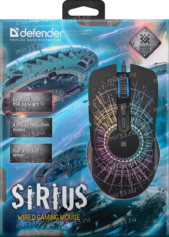 Мышь проводная Defender, GM-660L, Sirius, 3200 DPI, оптическая, RGB подсветка, USB, 7 кнопок, черная