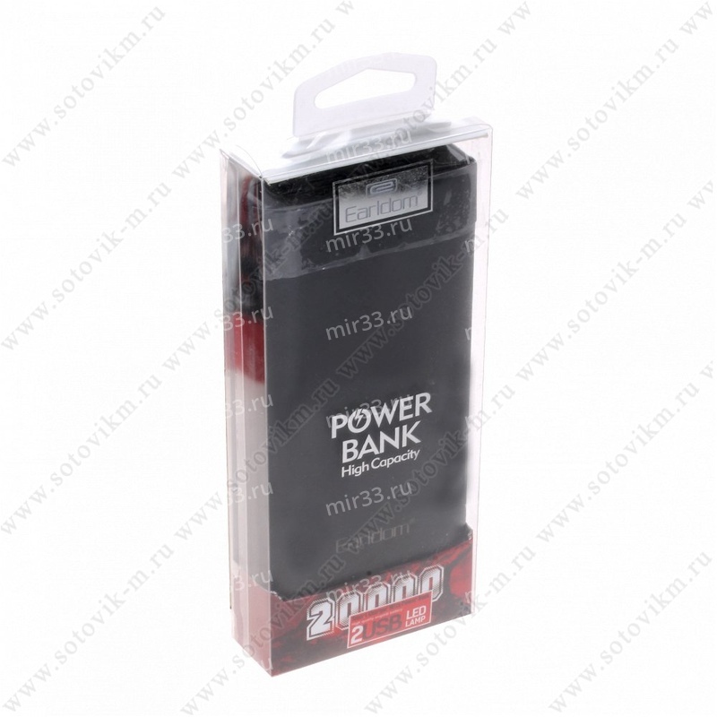 Аккумулятор внешний Earldom ET-PB16, 20000mAh, пластик, 2 USB выхода, 2.0A, цвет: чёрный
