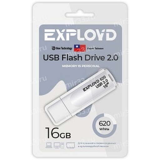 Флеш-накопитель 16Gb Exployd 620 , USB 2.0, пластик, белый