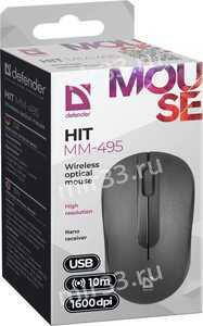 Мышь беспроводная Defender, MM-495, Hit, 1600dpi, оптическая, USB, 3 кнопки, цвет: чёрный
