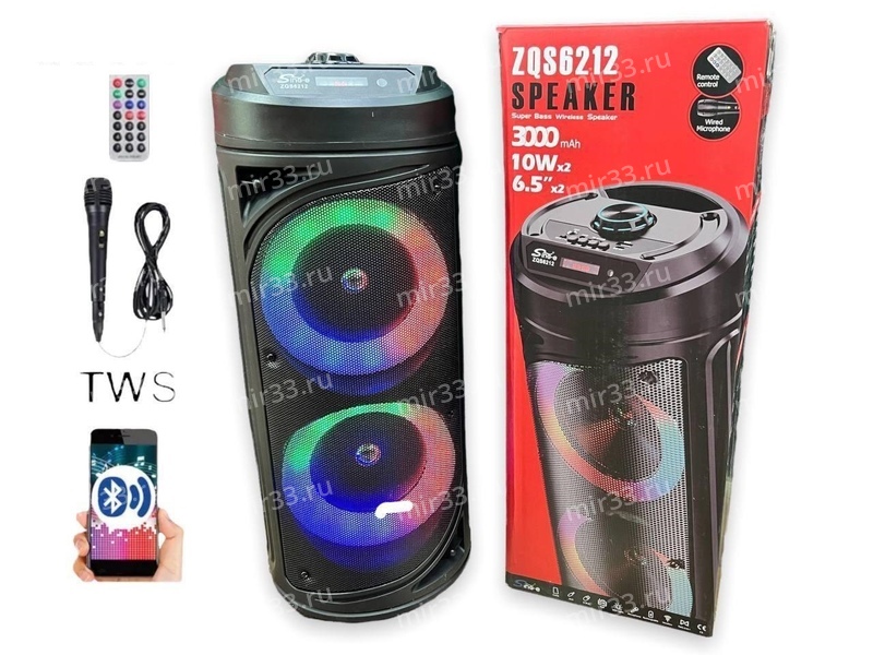 Портативная колонка без бренда ZQS6212, Bluetooth, FM, MP3 и подсветка, 58см,  цвет: чёрный