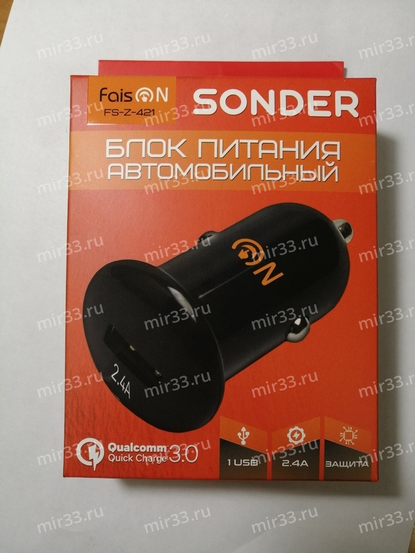 Блок питания автомобильный 1 USB FaisON, FS-Z-421, SONDER, 2400mA, пластик, QC3.0, цвет: чёрный
