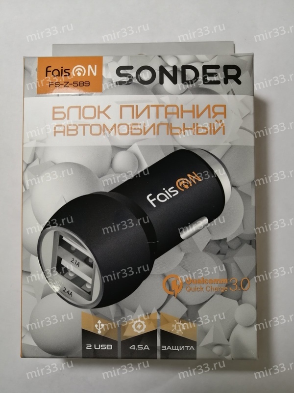 Блок питания автомобильный 2 USB FaisON, FS-Z-589, SONDER, 4500mA, алюминий, QC3.0, цвет: чёрный