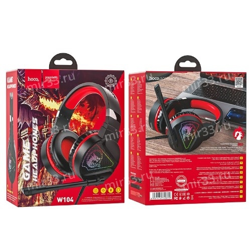 Наушники полноразмерные HOCO W104, Drift gaming, пластик, подсветка, микрофон, AUX, цвет: красный