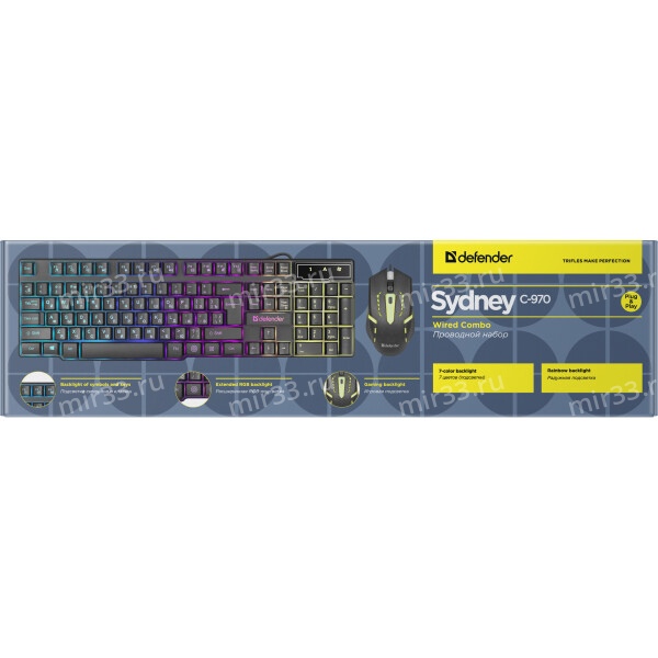Набор клавиатура+мышь проводной Defender, Sydney, C-970, 1200 DPI, оптическая, мультимедийная, чёрны