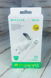 Блок питания сетевой 2 USB Borofone, BA58A, Mighty, 2.4A, пластик огнестойкий, дисплей, кабель Type-