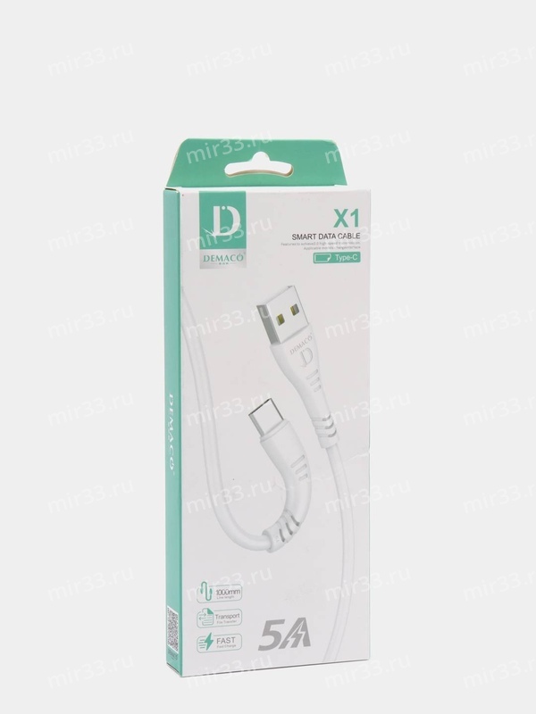 Кабель USB - Type-C Demaco X1, 1.0м, круглый, 5А, силикон, цвет: белый