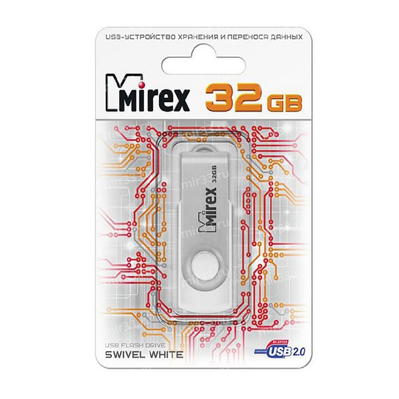 Флеш-накопитель 32Gb Mirex SWIVEL, USB 2.0, металл, белый