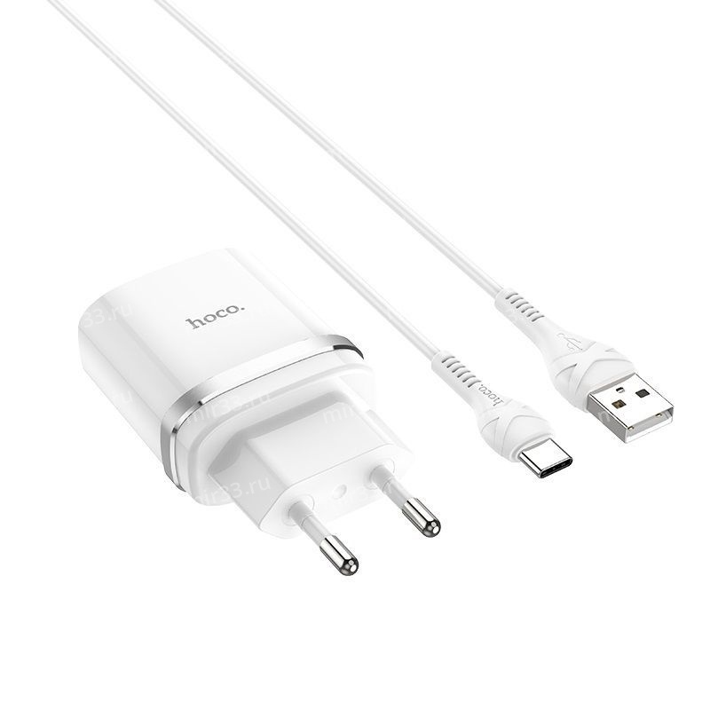 Блок питания сетевой 2 USB HOCO, C12, 2400mA, пластик, кабель Type-C, цвет: белый