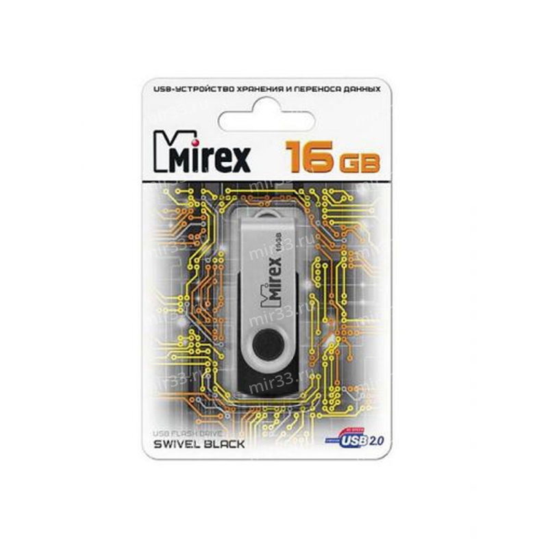Флеш-накопитель 16Gb Mirex SWIVEL RUBBER, USB 2.0, пластик, чёрный