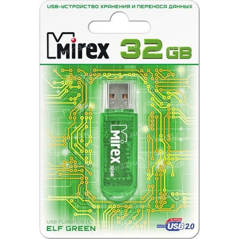 Флеш-накопитель 32Gb Mirex ELF, USB 2.0, пластик, зелёный