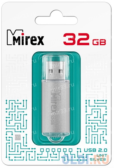 Флеш-накопитель 32Gb Mirex UNIT, USB 2.0, пластик, серебряный