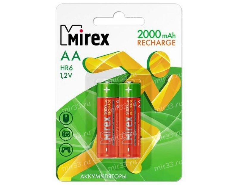 Аккумулятор AA Mirex, HR06-2BL, Recharge, 2000mAh, 1.2V Ni-MH, (2/20/100)