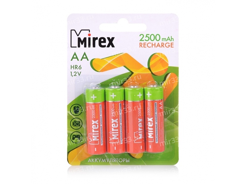 Аккумулятор AA Mirex, HR06-4BL, Recharge, 2500mAh, 1.2V Ni-MH, (4/40/200)