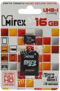 Карта памяти microSDHC 16Gb Mirex, Class10, UHS-I 30Mb/s, с адаптером